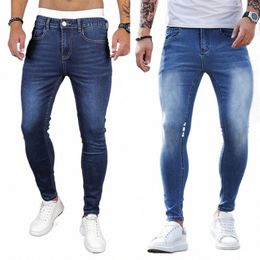 2023 New Men's Stretch Skinny Jeans Blue Solid Color Elastic Classic Jeans Men Slim Fi Denim Trousers Male Streetwear K73I#