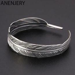 ANENJERY Silver Color Feather Wide Cuff Bracelets Bangles For Women Men Personality Vintage Thai Silver Jewelry 240313