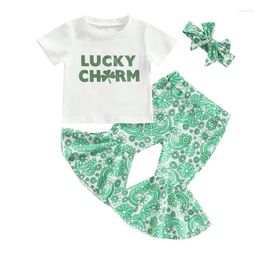 Clothing Sets Girls St Patricks Day Outfit 3Pcs Clothes Set White Round Neck Short Sleeve Letter Print Tops Green Flared Pants Headband