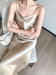 Casual Dresses MASA Summer Japanese Imported Triacetate Satin VNeck Full Body Oblique Cut Long Strap Dress For Women