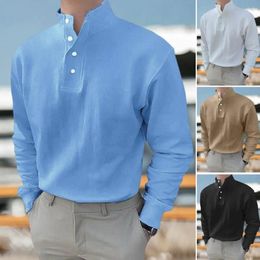 Men's Casual Shirts Stand Collar Buttons Neckline Long Sleeve Men Top Autumn Solid Colour Loose Pullover Shirt Streetwear