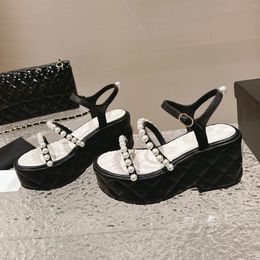 Dress Shoes For Women Size34-41 Genuine Leather Sandals Pearl High Heels Pumps Slingback Flat Platform Designer Zapatillas Mujer
