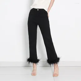 Women's Jeans Korean Style Minimalist Cropped 2024 Fashionable With Ostrich Fur Patchwork Design Denim Casual Pants Women High Waist