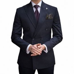 stevditg Gorgeous Navy Blue Men's Suits Double Breasted Flat Peaked Lapel Formal Busin Prom Party Blazer 2 Piece Jacket Pants 77C0#