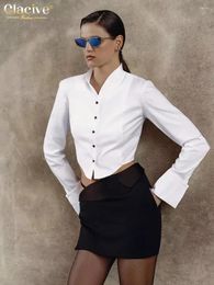 Women's Blouses Clacive Bodycon White Shirt 2024 Fashion Slim Stand Collar Long Sleeve Shirts Elegnat Classic Crop Top Female Clothing