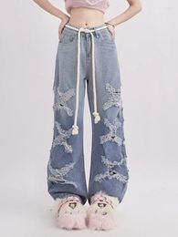 Women's Jeans Aoaiiys Ripped For Woman Denim Pants Chic Hole High Waisted Streetwear Straight Korean Fashion Full Length Trousers