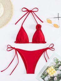 Women's Swimwear Sexy 3D Red Flower Halter String Bikinis Sets Two Pieces Tie High Waist Thong Swimsuits Women Biquini Bathing Suits