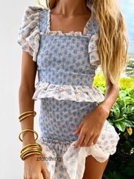 Casual Dresses Boho Inspired Blue floral print dres smocked sexy party ruffled sleeve summer sweat ladies weeding dress 3HER