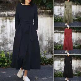 Casual Dresses 2024 Women's Elegant Long Fashion Cotton Sleeve Waisted Lace-up Maxi Dress Females Party With Pockets