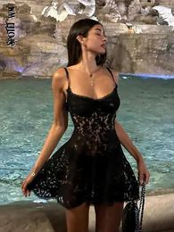 Sexy See Through Hollow Out Lace Sling Mini Dress Fashion Black Backless High Waist Vestidos 2024 Summer Chic Ladyparty Clubwear 240314