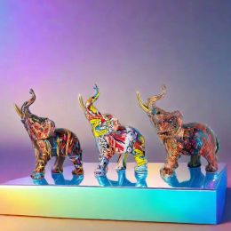 Sculptures Lucky Elephant Graffiti Figurine Home Decor Colourful Animals Resin Statue Sculptures Interior Room Office Table Modern Ornaments