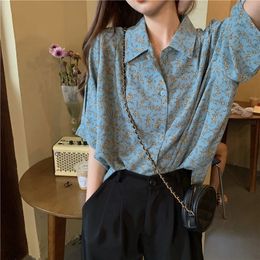 MEXZT Chiffon Shirts Women Vintage Turn Down Collar Print Short Sleeve Blouse Summer Korean Streetwear Casual Loose Floral Top 240328