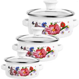 Double Boilers 3Pcs Kitchen Stockpot Stackable Enamel Cooking Pot Restaurant Flat Bottom Stew Binaural Soup