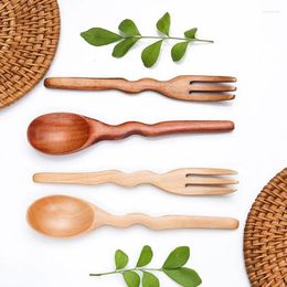 Spoons Natural Wood Cutlery Dual Head Soup Spoon Wavy Shape Solid Fork Kitchen Tableware Dropship