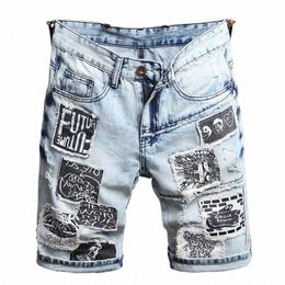 denim Shorts Men Ripped Patched Jeans Summer Streetwear Casual Light Blue Regular Straight Knee Length Pants W2w5#