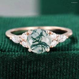 Cluster Rings Vintage Natural Moss Agate Gemstones Ring For Women Solid 925 Sterling Silver Korean Trendy Round Cut Engagement Wedding