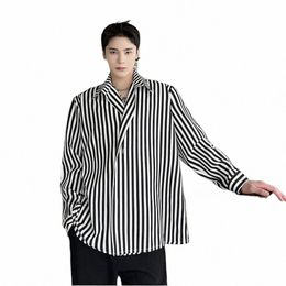 men Vintage Fi Loose Casual Lg Sleeve Stripe Shirt Male Korean French Collar Korean Streetwear Office Chic Dr Shirts G6Gz#