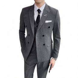 men Casual Boutique Busin Slim suit Solid Color Double Breasted Formal Suit 3 Pcs Set Grooms wedding dr Blazers Vest Pants g073#