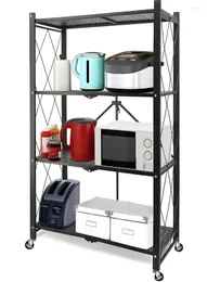 Kitchen Storage 4-Tier Shelf Foldable Metal Shelving Units With Wheels Black