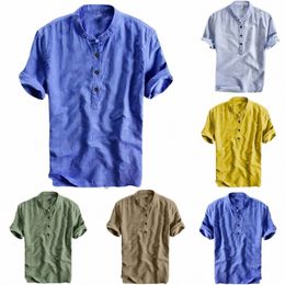 men's Shirt Cool And Thin Breathable Summer Shirts Butt Stand Collar Cott Linen Shirt Hawaii Beachwear Blouse Camisas b3K4#