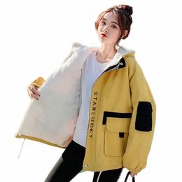 women Korean Style Loose Warm Hooded Casual Jackets Winter Thickening Cmere Biker Jacket Street Wear Big Pocket Windbreaker d0c3#