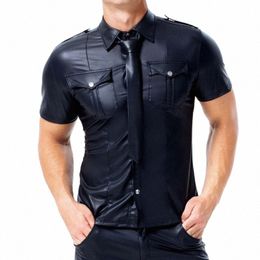 men PU Leather T-shirt Tie Turn-down Collar Butt Short Sleeve Tee Shirts Sexy Chemise Latex Clubwear Tops Streetwear Plus Size 03F6#