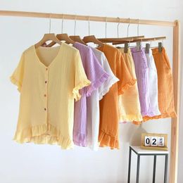 Home Clothing Candy Colors Ladies Est Ruffled Short Sleeves Cardigan Tops With Shorts 2 Pcs Pajamas Set For Spring And Summer Pyjamas Women