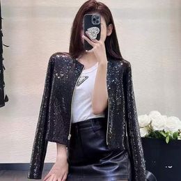 Toppest luxury glitter sequined zip round neck designer jacket for women handmade 2024 spring casual style