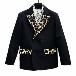 pfhq Men's Leopard Print Patchwork Design Blazers Double Breasted Persality Trend Fi Handsome Suit Jackets Autumn 21Z4114 32hc#