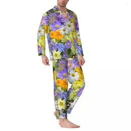 Home Clothing Purple Daisy Print Pyjama Sets A Burst Of Flowers Romantic Sleepwear Men Long Sleeves Aesthetic Bedroom 2 Pieces Nightwear