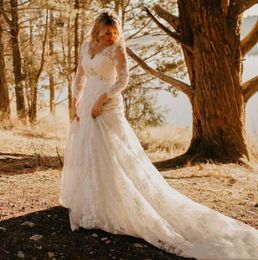 Plus Size Autum Lace Country Wedding Dress 2023 Crystals Beaded V Neck Long Seeve A Line Empire Waist Bride Wear CourtTrain Brida8305279