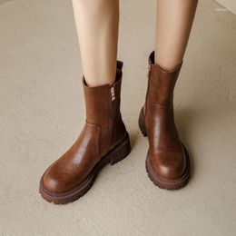 Boots Fall Shoes Women Split Leather Round Toe Chunky Heel Female Winter Elastic Band Solid Short Modern