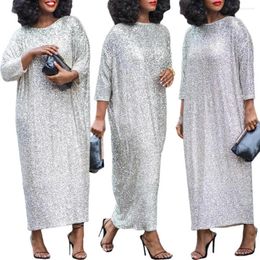 Casual Dresses Shimmering Fabric Dress Elegant Sequin Maxi With Three Quarter Sleeves Ankle Length Women's Shiny O Neck For Commute
