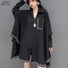 Women's Blouses Rivets Docorated Solid Black Big Size Woman Loose Fit Long Hipster Shirt Casual Japanese Style Hurajuku Large Blouse JJXS087