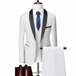 men Skinny 3 Pieces Set Formal Slim Fit Tuxedo Prom Suit / Male Groom Wedding Blazers High Quality Dr Jacket Coat Pants Vest O3wD#