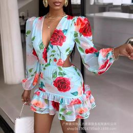 Casual Dresses Stylish Temperament 2024 Spring Summer Women's Clothing V-neck Hollow Out Printed Long Sleeve Dress Independent Design