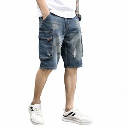 Sommermänner, Denim Short Hosen lose Korean Fi Hole Jeans Shorts V1R9#