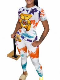 lw Teddy Bear Print Tie Dye Pants Set Women Spring Carto Short Sleeve Round Neck Two Piece Suit Daily Outfits Tracksuits i9k4#