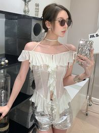 2024 New Fashion Woman Sexy Tops Short Sleeve Ruffles Lace Up Solid Elegant Tops Party Club Shirts Woman Blouses High Quality