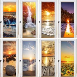 Stickers Dusk Flowing Water Door Sticker 3D Sunflower Beach Natural Scenery Wallpaper Vinyl Waterproof Selfadhesive Decorative Poster