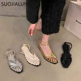 Sandals SUOJIALUN 2023 Summer Flat Shoes Womens Fashion New Gold Narrow Belt Sling Ankle Srtrap Dress Slide H240328