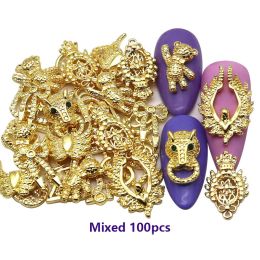 Zaagmachines Assortment of 100 Metal Nail Art Decorations Gold and Sier Leopard Head Angel Bear Brand Variety of Mixed Nail Art Accessories