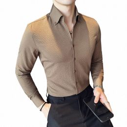 2023 Autumn New Waffle V Neck Shirt Men's Lg Sleeve Standing Neck Slim Fit Busin Formal Dr Shirt Social Tuxedo Shirt Top B4Ir#