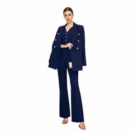 formal Navy Blue Women Suits Elegant Peak Lapel Double Breasted 3 Piece Chic Casual Office Lady Pants Sets Blazer+Vest+Pants w0GJ#