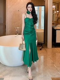 Casual Dresses Elegant Sexy French Maxi For Women 2024 Green Satin Sling Rose Flower Bandage Folds Split Backless Robe Party Vestidos