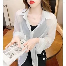 Women's Blouses 2024 Summer Women Korean Beach Holiday Ladies Tops Thin Shirts Loose Chiffon Long Sleeve Sun Protection Shirt White Pink