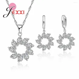 Necklace Earrings Set Romantic Sun Flower Shiny Zircon Rhinestone Shape Pendant Fashion Woman 925 Silver Needle