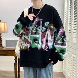 Camiseta masculina de manga comprida com estampa de grafite, primavera e outono, gola redonda, moda solta, moletom com capuz, tendência, rufião, bonito, versátil