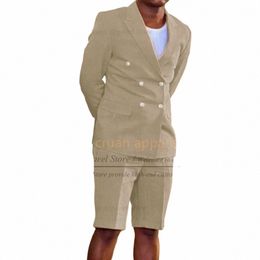 cjunto de traje de lino caqui a la moda para hombre, Blazer de doble botadura c solapa pico, pantales cortos, trajes moda informales par i797#