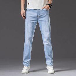 Plus Size 40 42 44 Mens Light Blue Jeans Spring and Summer Loose Straight Advanced Stretch Thin Denim Pants Male Brand Clothes 240326